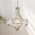 XINGQI Large Crystal Chandelier 21.6" Brushed Nickel Chandeliers for Dining Room, Rustic Farmhouse Pendant 6-Light with Round Metal Shade for Living Room Kitchen Bedroom Office