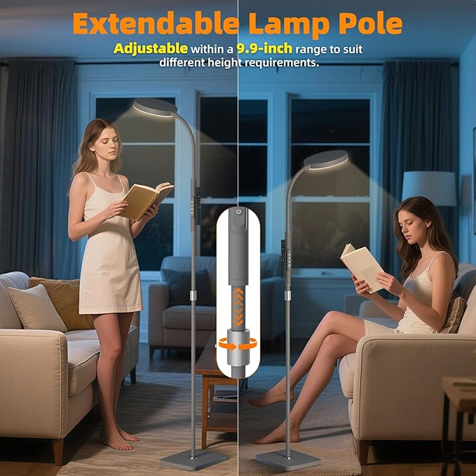 Floor Lamp, Adjustable Height Floor Lamps for Living Room Bedroom, 120 LED Super Bright Standing Lamp Remote Control Dimmable Gooseneck Tall Stand Reading Lamp for Office Craft, Matte Gray