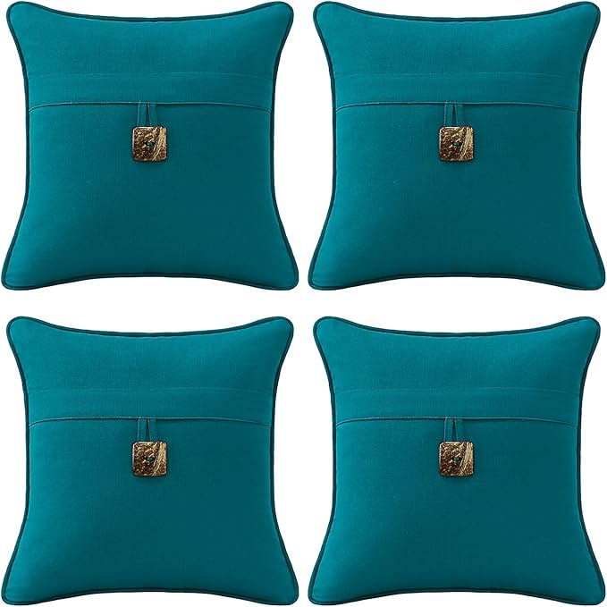 Outdoor Sunbrella Decorative Pillows with Coconut Button Pack of 4, 18" x 18" Outdoor Pillow Set for Couch Bed Throw Patio Sofa, Spectrum Peacock