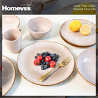 Highland 16pc Dinnerware Set, Unique Organic Shape Double Bowl， Stoneware Plate & Bowl Dish Set Service For 4, Scratch Resistant, Microwave & Dishwasher Safe, Natural Reactive Glaze, Pink