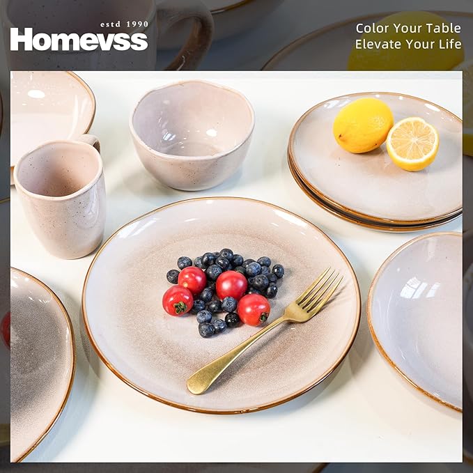Highland 16pc Dinnerware Set, Unique Organic Shape Double Bowl， Stoneware Plate & Bowl Dish Set Service For 4, Scratch Resistant, Microwave & Dishwasher Safe, Natural Reactive Glaze, Pink
