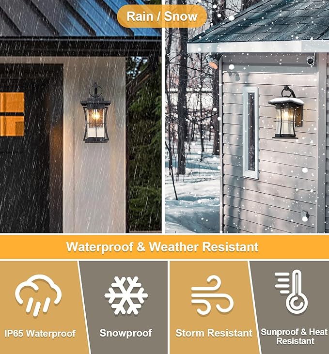 Dusk to Dawn Outdoor Wall Lantern Exterior Light Fixtures Wall Mount Porch Light with Photocell Sensor Waterproof Outside Wall Lights for House, Patio, Garage, Black with Seeded Glass