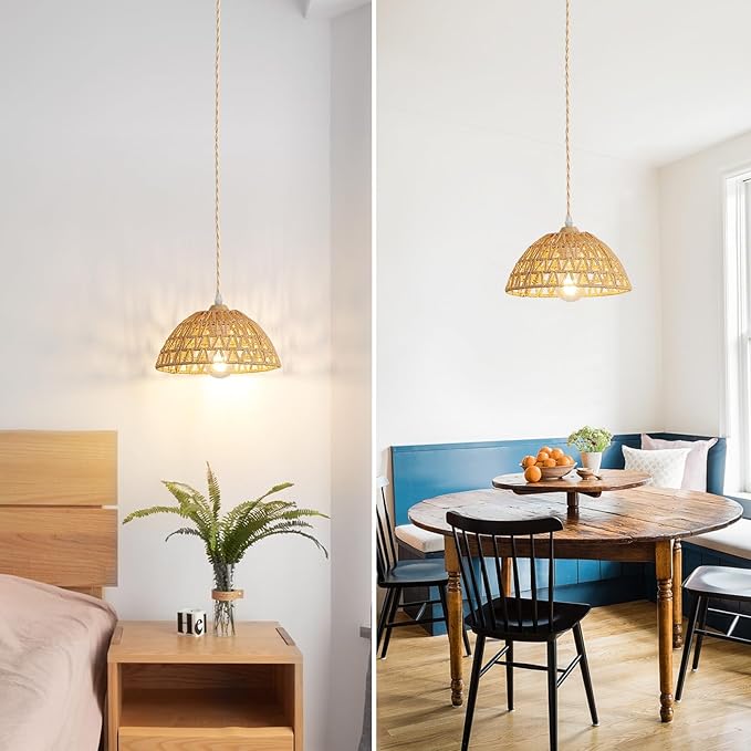 Plug in Farmhouse Wicker Pendant Light, 1-Light Boho Rattan Chandelier Light Fixture, Ceiling Hanging with Woven Lampshade, for Kitchen Bedroom Island Hallway, ETL Listed