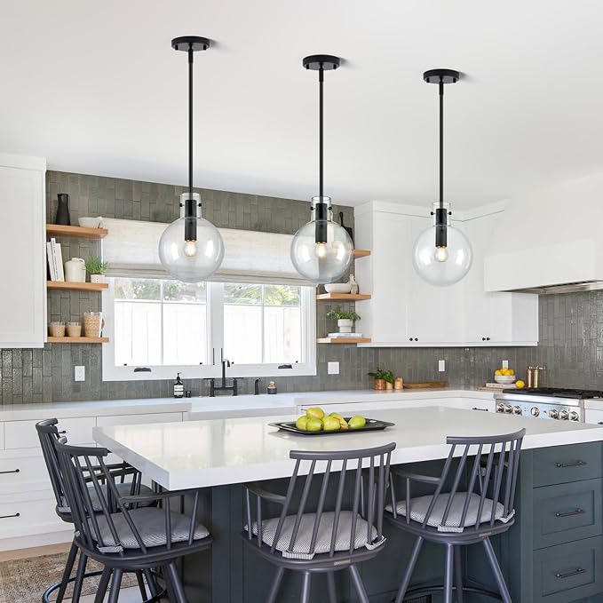 Black Pendant Lights Kitchen Island, 1-Light 8" Large Globe Glass Hanging Light Fixtures with Clear Glass, Modern Kitchen Pendant Lighting Over Island for Sink Bathroom, OS-JJ528-1PBK