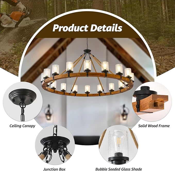 60-inch Rustic Wooden Chandelier with Bubble Glass Shade, 18-Light Modern Farmhouse Wagon Wheel Light for Dining Room Kitchen Island Entryway