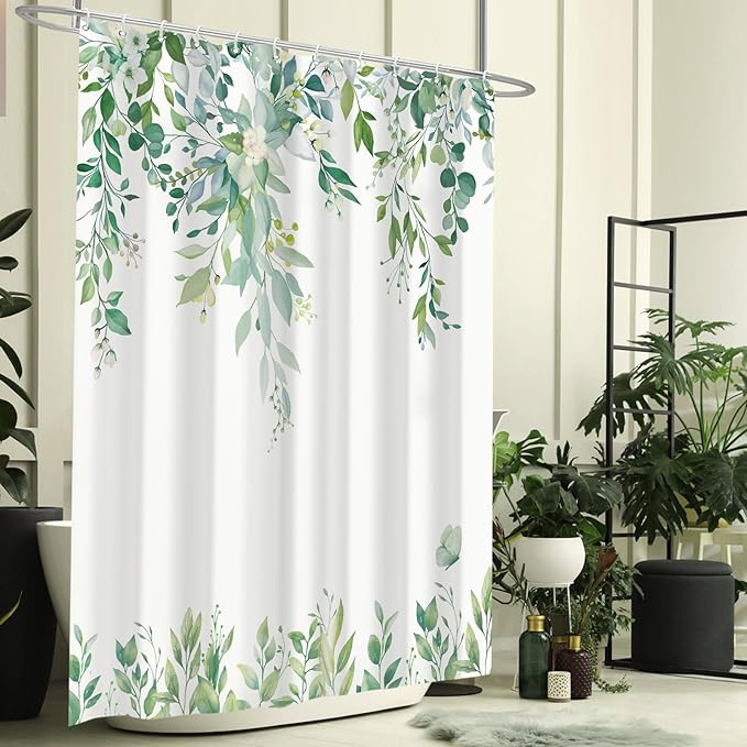 Eucalyptus Shower Curtain, Light Green Watercolor Leaves with Floral Botanical Bathroom Decor, Waterproof Fabric Bath Curtain Set with Hooks, 72x84 Inches