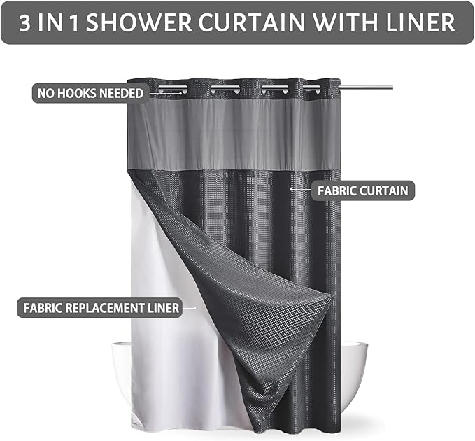 Furlinic Waffle Weave No Hook Shower Curtain with Snap in Liner,Heavy Duty Fabric Bathroom Curtain with See Through Window & Weighted Magnets,Waterproof & Machine Washable,Dark Grey,71x78 Inch