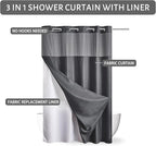 Furlinic Dark Grey Small Stall No Hook Shower Curtain with Snap in Liner,Waffle Weave Heavy Duty Fabric Waterproof Bathroom Curtains,Washable Shower Curtain Set with See Through Window 36x72 Inch