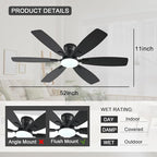 Ceiling Fans with Lights, 52 Inch Low Profile Ceiling Fan with Light and Remote Control, Flush Mount, Reversible, 3CCT, Dimmable, Quiet, Black Ceiling Fan for Bedroom Indoor/Outdoor Use