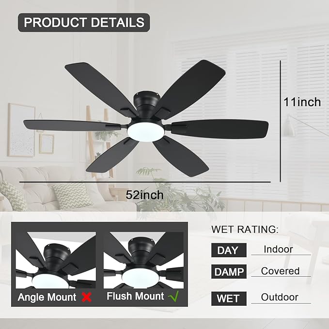 Ceiling Fans with Lights, 52 Inch Low Profile Ceiling Fan with Light and Remote Control, Flush Mount, Reversible, 3CCT, Dimmable, Quiet, Black Ceiling Fan for Bedroom Indoor/Outdoor Use