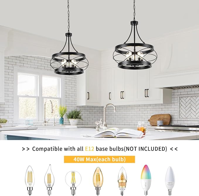5-Light Farmhouse Chandelier, 17.72" Rustic Drum Dining Room Light Fixture, Black Chandeliers Hanging Pendant Lighting, Industrial Candle Chandeliers for Living Room Kitchen Entryway Bedroom