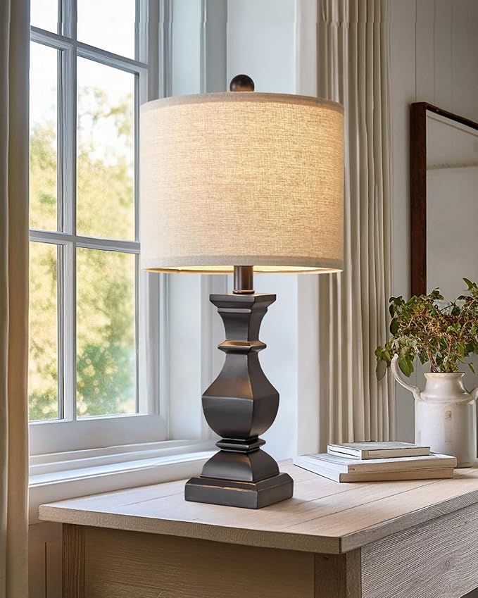 PoKat 20.5'' Bedside Table Lamp for Bedroom Nightstand - Farmhouse Lamp for Living Room, Black Night Stand Light Lamp with Round Linen Shade, Vintage Bedroom Lamp, Suitable for Small Place