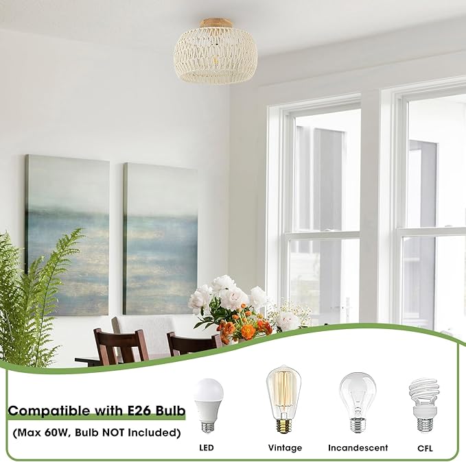 Boho Ceiling Light Fixtures Cream White Rattan Chandelier Light Small Rattan Flush Mount Ceiling Light Hand-Woven Chandelier for Nursery Light Fixture Kitchen Farmhouse Bedroom Chandeliers