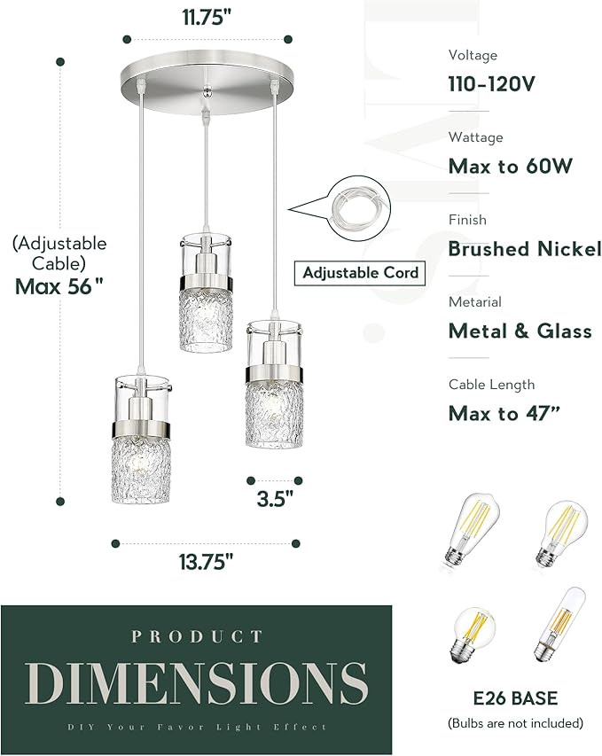 LMS 3-Light Brushed Nickel Cluster Pendant Light, Modern Dining Room Light Fixture with Hammered Glass, Hanging Chandelier Lighting for Dining Room, Kitchen Island, Bedroom, LMS-198
