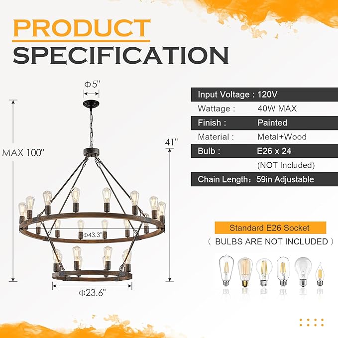 2 Tier Wagon Wheel Chandelier Large Wooden Farmhouse Pendant Light Fixture 24-Light 43" Rustic Round Chandeliers for Foyer Living Room Entryway