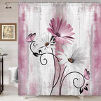Rustic Farmhouse Shower Curtain, Farm Pink Daisy Floral Flowers and Butterfly on Country Wooden Shower Curtain for Bathroom, Pink Grey Bathroom Shower Curtains with 12PCS Hooks, 70X84IN
