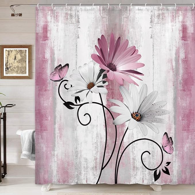 Rustic Farmhouse Shower Curtain, Farm Pink Daisy Floral Flowers and Butterfly on Country Wooden Shower Curtain for Bathroom, Pink Grey Bathroom Shower Curtains with 12PCS Hooks, 70X84IN