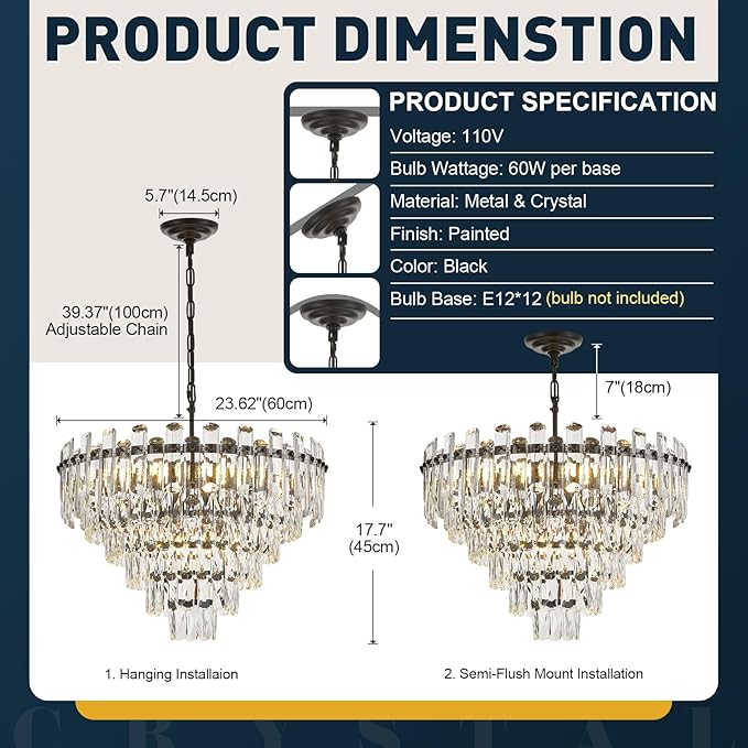 6-Tiers Modern Crystal Chandelier Black 12-Light 23.6'' Contemporary Round Pendant Chandeliers Light Luxury Ceiling Hanging Lighting for Living Dining Room Bedroom Kitchen Island Foyer