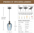 Pendant Lights Kitchen Island 2 Pack, Blue Glass Pendant Light Fixtures with Hammered Glass, Modern Hanging Light for Kitchen Sink Dining Room Bedroom