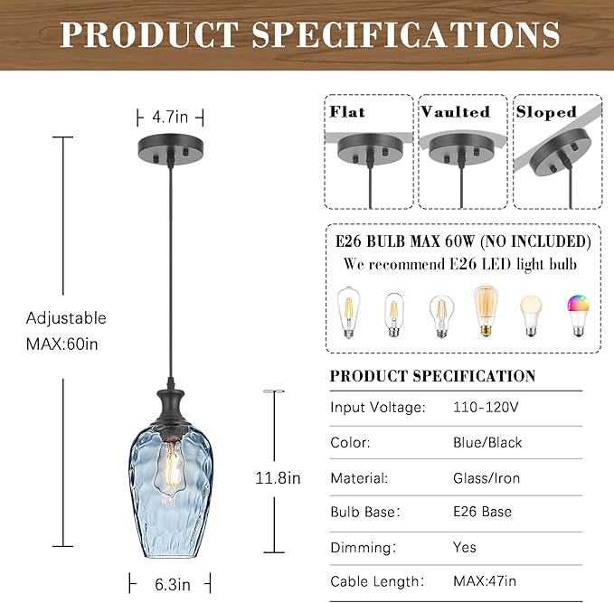 Pendant Lights Kitchen Island 2 Pack, Blue Glass Pendant Light Fixtures with Hammered Glass, Modern Hanging Light for Kitchen Sink Dining Room Bedroom