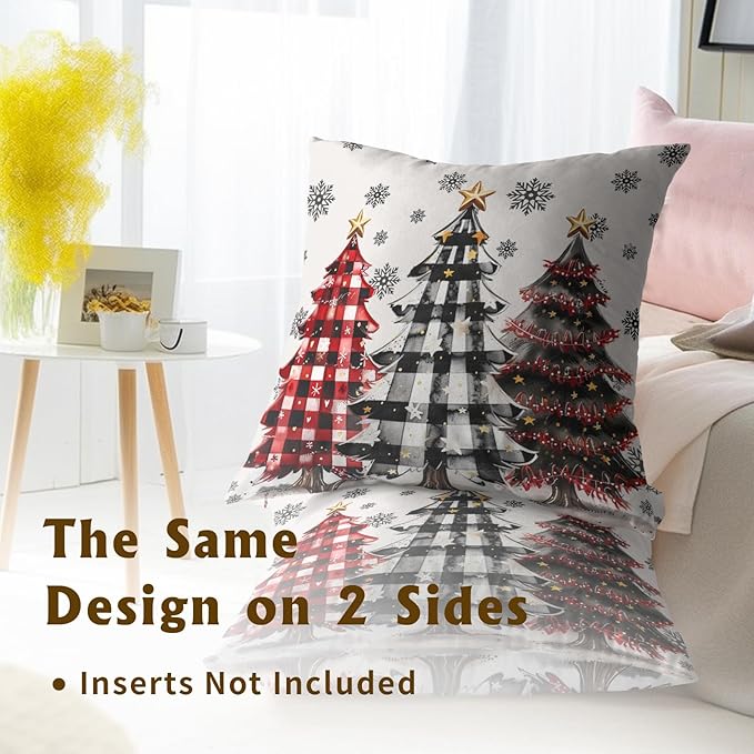 Christmas Throw Pillow Covers 16x16 Set of 2, Winter Xmas Tree Buffalo Check Plaid Snowflakes Decorative Pillow Cases Cotton Linen Cushion Cover for Sofa Couch Living Room Bedroom Porch Outdoor