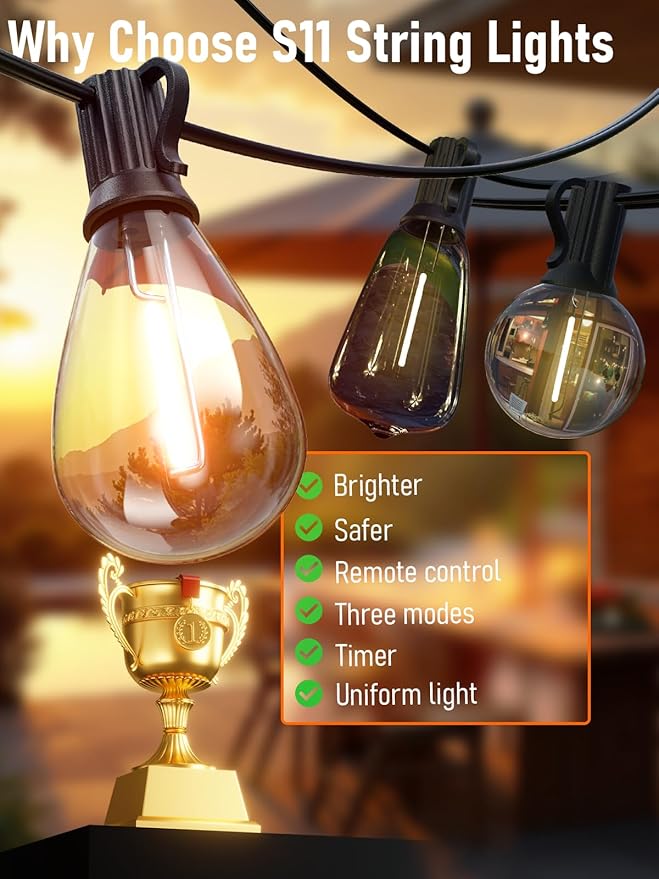 luckystyle 15FT LED Outdoor String Lights with Remote, 6+ 1 Shatterproof Bulbs Waterproof and Dimmable Patio Lights for Porch, Garden, Backyard, Deck, Balcony, 2200K Hanging Lighting