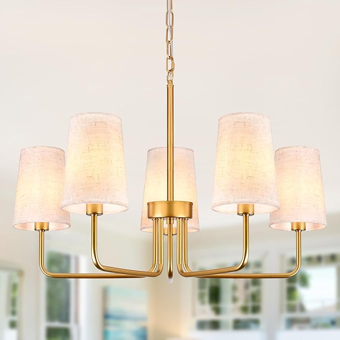 28" Gold Boho Fabric Chandelier for Living Room 5-Light Coastal Farmhouse Chandeliers for Dining Room Adjustable Rustic Boho Pendant Light Fixture Bedroom Kitchen Island Entryway Foyer