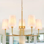 28" Gold Boho Fabric Chandelier for Living Room 5-Light Coastal Farmhouse Chandeliers for Dining Room Adjustable Rustic Boho Pendant Light Fixture Bedroom Kitchen Island Entryway Foyer