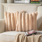 Faux Fur Plush Throw Pillow Covers 16x16 Inch Set of 2 - Luxury Decorative Fuzzy Striped Soft Cozy Pillowcase for Couch, Sofa, Living Room - Camel