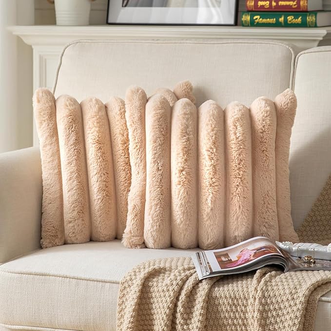 Faux Fur Plush Throw Pillow Covers 22x22 Inch Set of 2 - Luxury Decorative Fuzzy Striped Soft Cozy Pillowcase for Couch, Sofa, Living Room - Camel