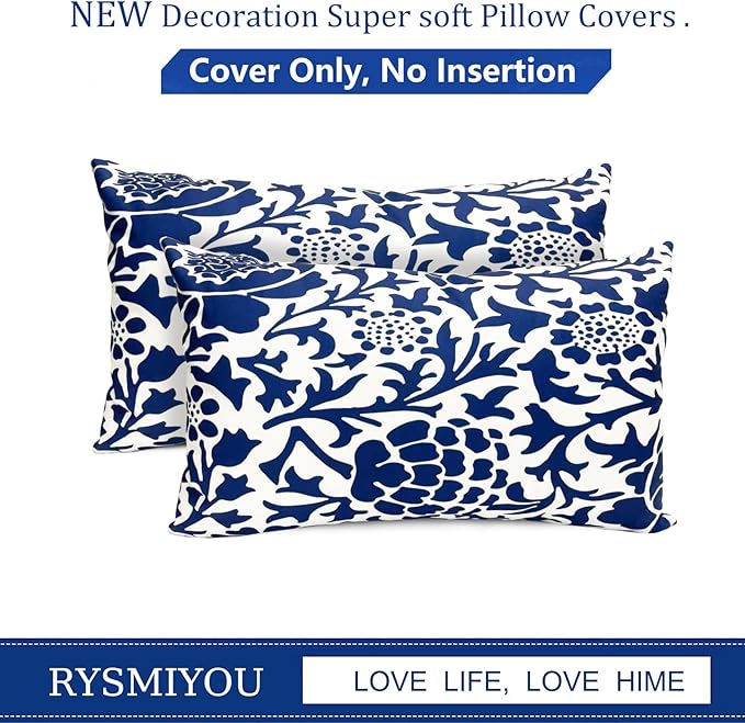 Decorative Throw Pillow Covers Set of 2 Blue Pillow Covers 12x20 inch Soft Short Plush Couch Pillow Case Floral Throw Pillows,Farmhouse Outdoor Pillow Covers for Sofa Bed Living Room Car