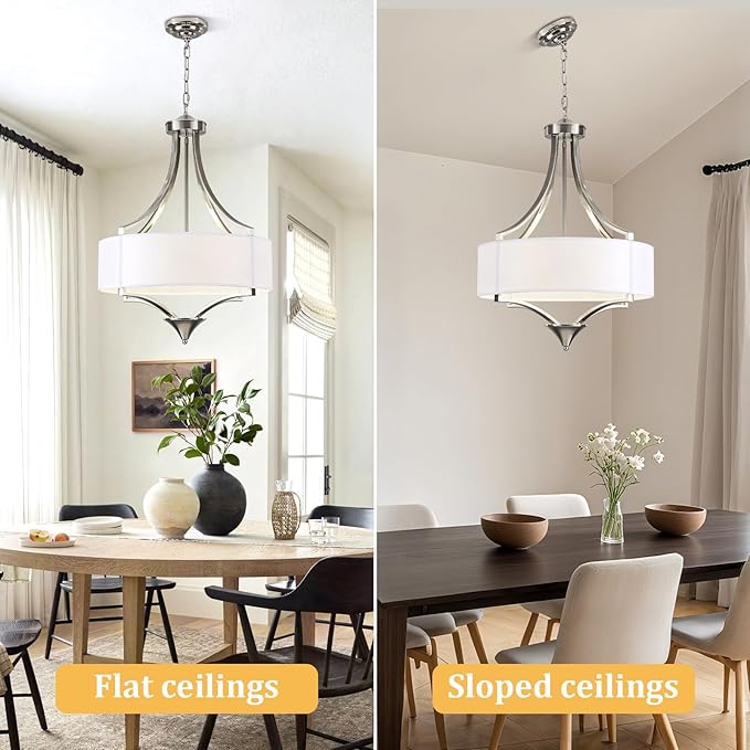 6-Light Brushed Nickel Chandelier 19.7" Modern Drum Chandeliers for Dining Room Light Fixture with White Fabric Shade Large Pendant Lighting for Kitchen Island Living Room Bedroom Foyer Over Table,E12