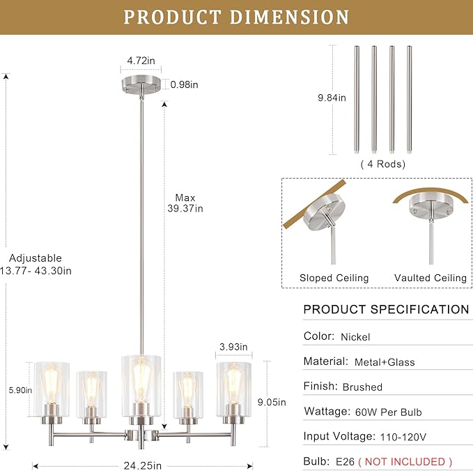 5 Lights Brushed Nickel Chandelier for Dining Room Light Fixture,24" Modern Farmhouse Pendant Lighting with Glass Shade Industrial Hanging Ceiling Light for Kitchen Island Entryway Foyer,E26