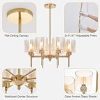 Brass Modern Chandeliers, Metal 8-Lights Chandelier Light Fixture with Amber Glass Shade, Hanging Pendant Lighting for Living Room, Dining Room, E26