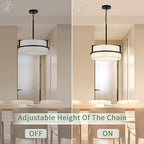 Modern Drum Chandelier for Dining Room 3 Light,15.7" Wide White Linen Drum Shade Ceiling Light Fixture,Pendant Lighting with Adjustble Hang Height Chandelier for Kitchen Islands Living Bedroom