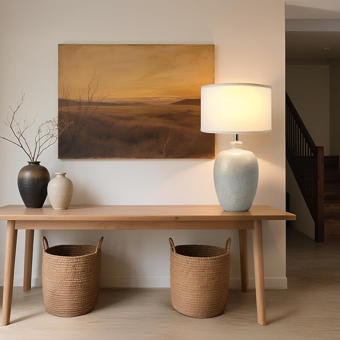 WJShome 27" Farmhouse Ceramic Table Lamp with Unique Ice Pattern Effect and White Linen Shade - Perfect for Bedroom, Living Room, Dining, and Office! (Bulb Not Included)