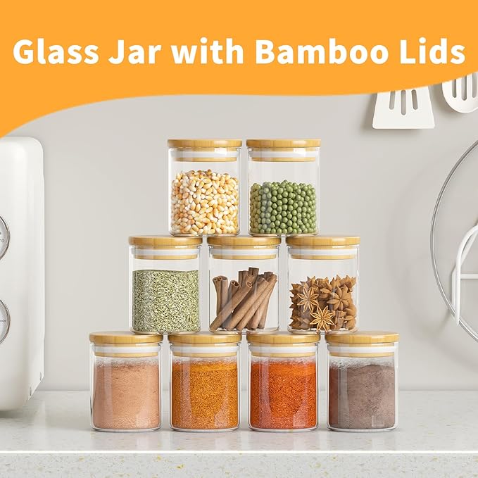 SODSAI 15 Piece Glass Storage Jars Set with Airtight Bamboo Lids and Labels,6oz Glass Spice Jar Mini Food Storage Containers for Home Kitchen,Pantry,Tea,Sugar,Salt,Coffee,Flour,Herbs,Grains