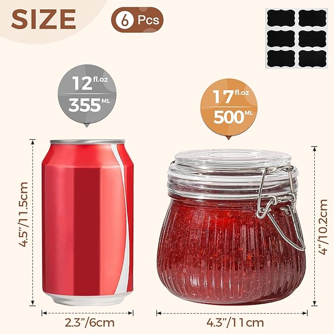 ComSaf Airtight Glass jar with lid 17oz, Glass Storage Containers with Lids, Small Canister, Mason Jars, Minimalist Jar for Kitchen Canning, Overnight Oats, Pickle, Spice, Set of 6