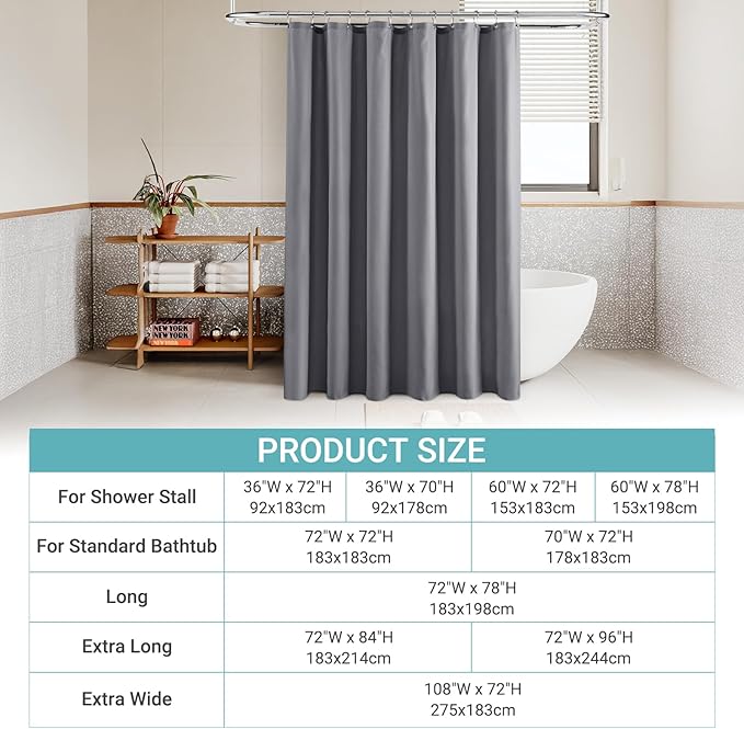 Extra Long Grey Linen 96 Inch Shower Curtain Neutral Modern Bath Drapes Set 96 Inch Long with Hooks XLong Tall Farmhouse Boho Shower Curtains for Bathroom, Gray, 72x96