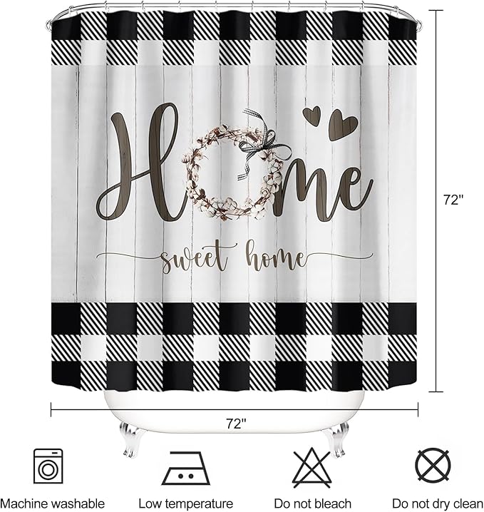Black and White Plaid Farmhouse Shower Curtain Home Sweet Home Rustic Floral Bathroom Curtains Waterproof Polyester Fabric Bath Curtain 72 x 72 Inch with 12 Hooks