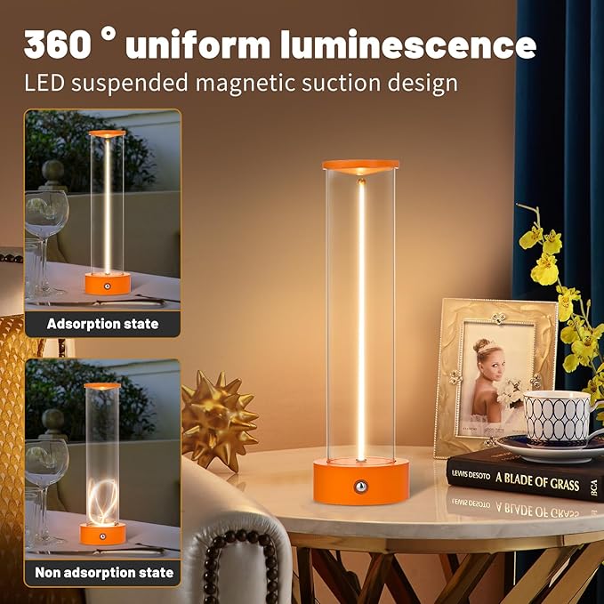Cordless Portable LED Table Lamp, Modern Nightstand Lights with Filament Magnetic, Three-Level Dimmable Lamp for Gaming, Home Office, Bedroom, Living Room, Kitchen, Bar, Restaurant (Orange)