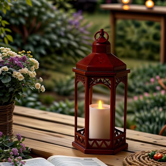 LED Hexagon Lantern with Flameless LED Candle, Unique Shape and Pattern to Give an Upscale Garden Party Vibe. Suitable for Home & Outdoor Usage,Special Event or Wedding.Battery Powered (Red)