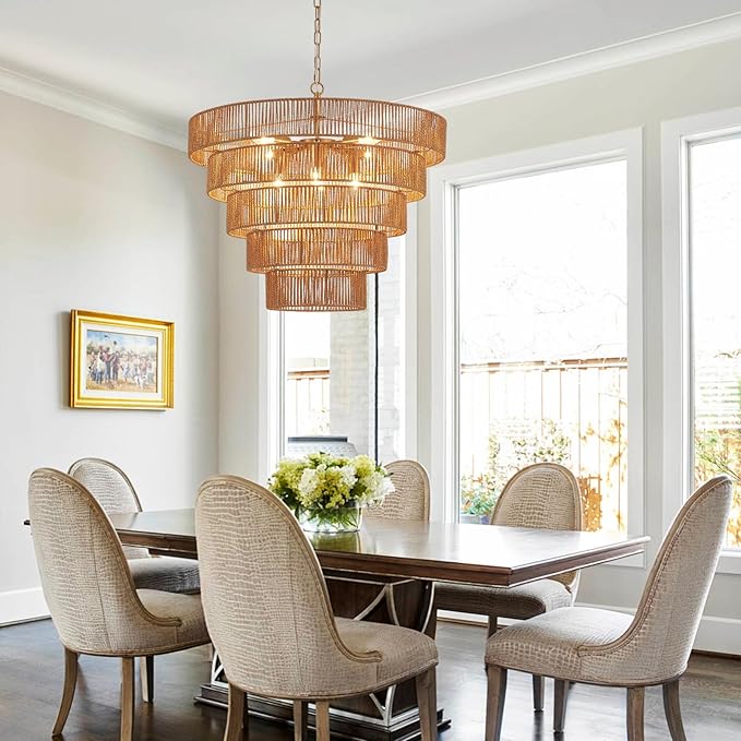 25.6" Large Rattan Chandelier Vintage Farmhouse 8-Lights Boho Hand-Woven Bamboo Chandeliers Light Fixture Drum Wicker Rattan Golden Chandelier for Dining Room, Kitchen, Living Room, Bedroom