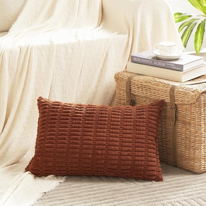 Fancy Homi Rust Decorative Throw Pillow Covers 12x24 Inch for Living Room Couch Bed Sofa, Rustic Farmhouse Boho Home Decor, Soft Striped Corduroy Rectangle Cushion Case 30x60 cm