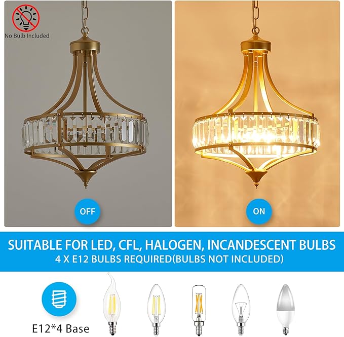 XINGQI Gold Chandeliers Modern Crystal Dining Room Light Fixture Pendant 4-Light, Rustic Chandeliers with Round Metal Lampshade for Living Room Hallway Bedroom Foyer