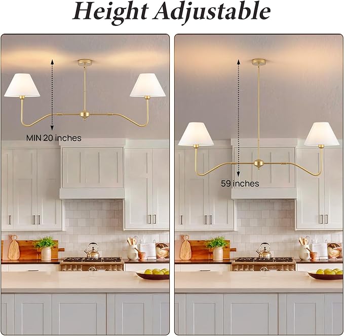 2-Light Gold Modern Linear Chandelier, 55 Inch Farmhouse Kitchen Island Lighting with White Fabric Shades, Dining Room Light Fixtures for Living Room Bedroom, Height Adjustable