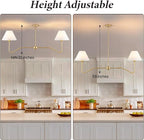 2-Light Gold Modern Linear Chandelier, 55 Inch Farmhouse Kitchen Island Lighting with White Fabric Shades, Dining Room Light Fixtures for Living Room Bedroom, Height Adjustable