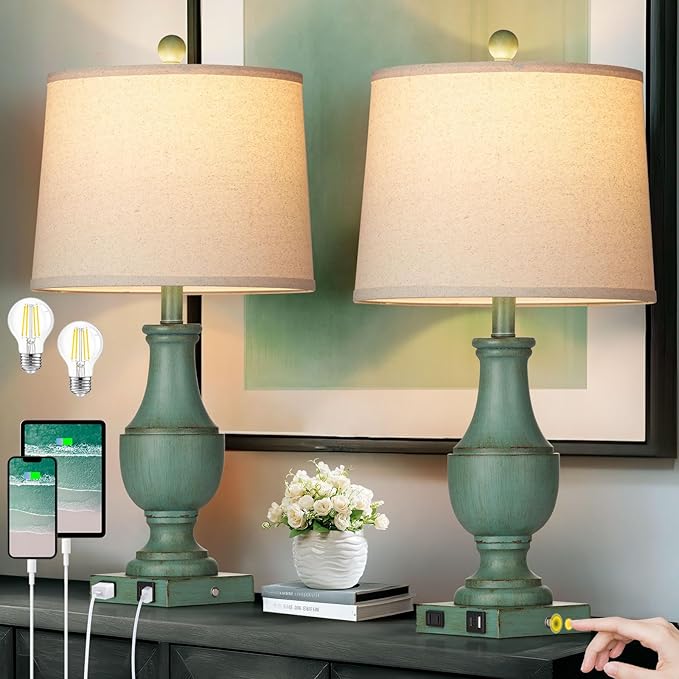 Farmhouse Table Lamps for Living Room, Rustic Touch Control Bedside Lamps with USB A+C Charging Ports & AC Outlet, Vintage 3-Way Dimmable Traditional Classic Nightstand Lamp for Bedroom Office Green