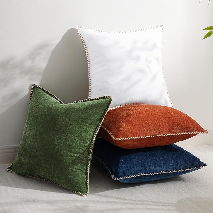 decorUhome Christmas Chenille Soft Throw Pillow Covers 26x26 Set of 2, Farmhouse Velvet Neutral Decorative Euro Fall Pillow Covers with Stitched Edge for Couch Sofa Bed Home Decor, Forest Elf