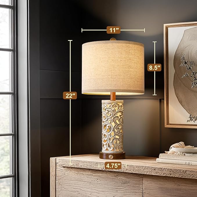 22" Dual Light Table Lamps Set of 2 for Living Room, Touch Lamp with 3-Level Dimming, USB A+C Table Lamp for Bedroom, Farmhouse Lamps for Night Stands(Brown, Bulb Included)